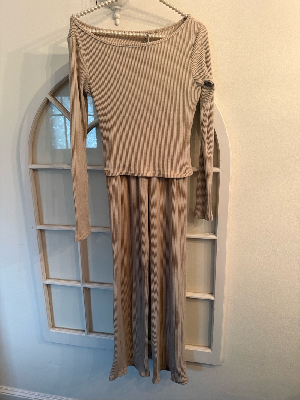 Cozy Ribbed Long Sleeve Top & Wide Leg Pants Lounge Set Beige Neutral S/M - Picture 2 of 8